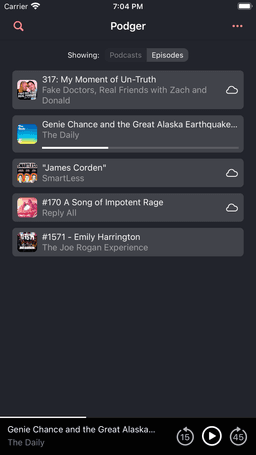 Screenshot of saved episodes list view