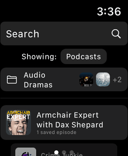 Screenshot of saved podcasts list view with folder