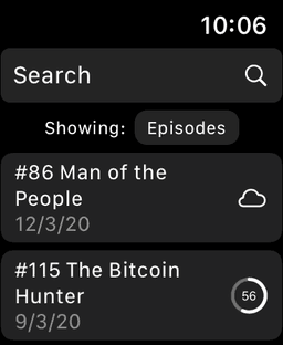 Screenshot of saved episodes list view