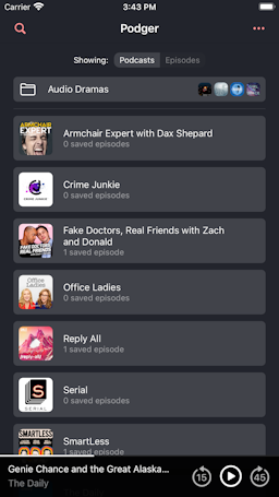 Screenshot of saved podcasts list view