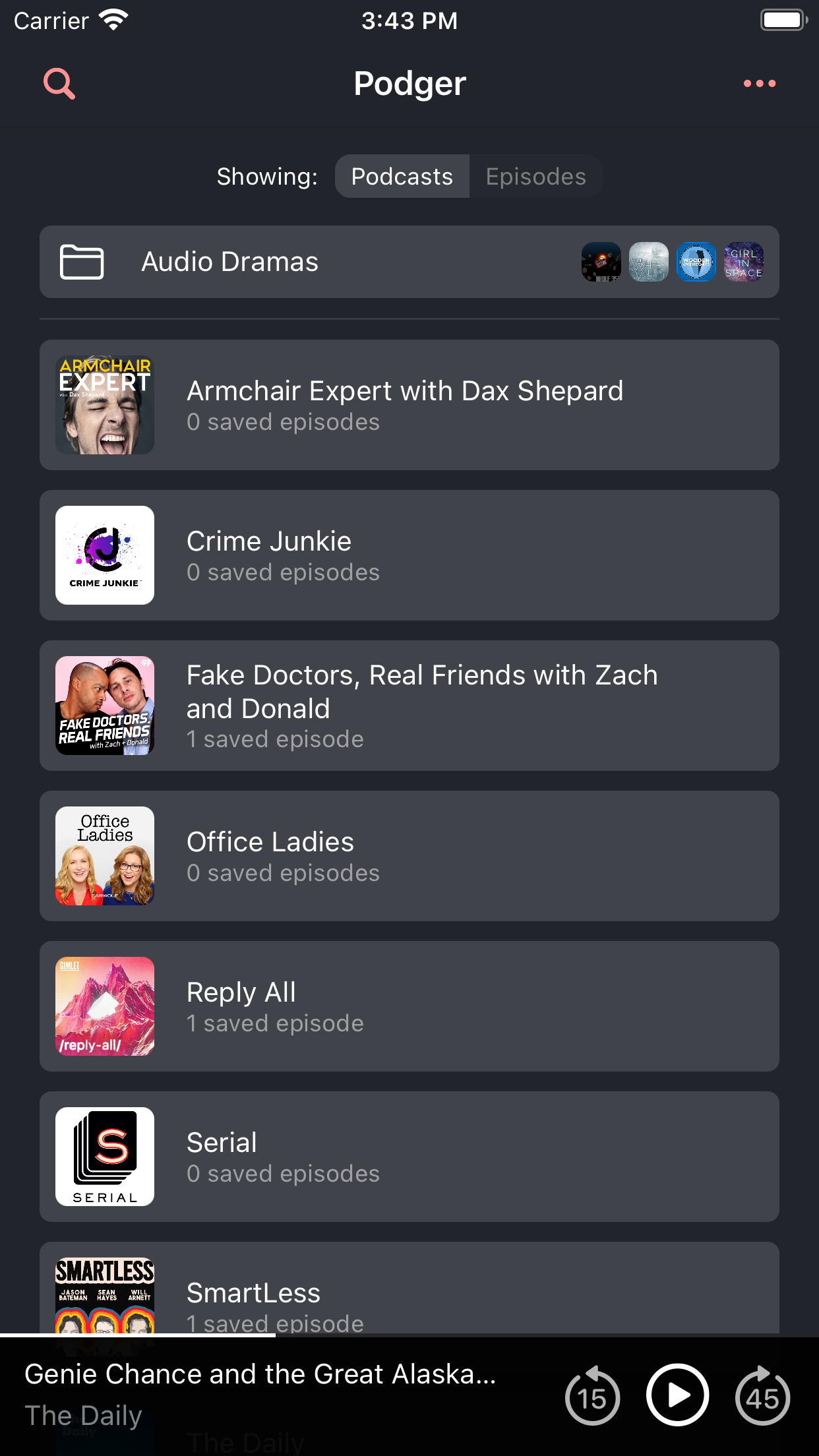 Screenshot of saved podcasts list view