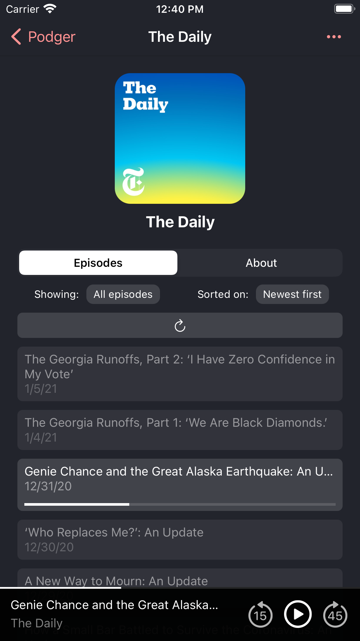 Screenshot of podcast view