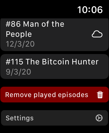 Screenshot of saved episodes list view showing Remove Played Episodes button